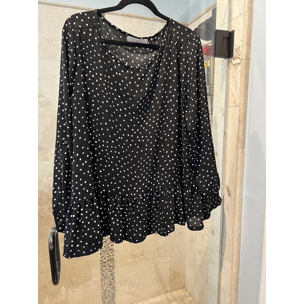 Loft Polka Dot Peplum Hem Black White  Blouse Top Size XL